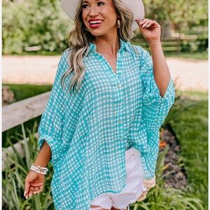 Entro Blue While Gingham Shirt S M Teal Button